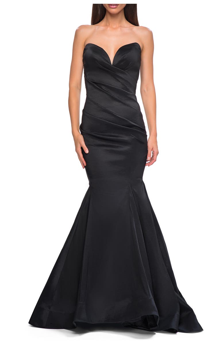 La Femme Mermaid Stretch Mikado Evening Dress with Illusion Back, Main, color, Black
