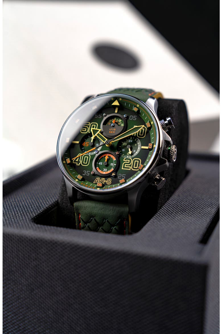 Hawker Typhoon Coningham Harding Chronograph Leather Strap Watch, 42mm, Alternate, color, GREEN