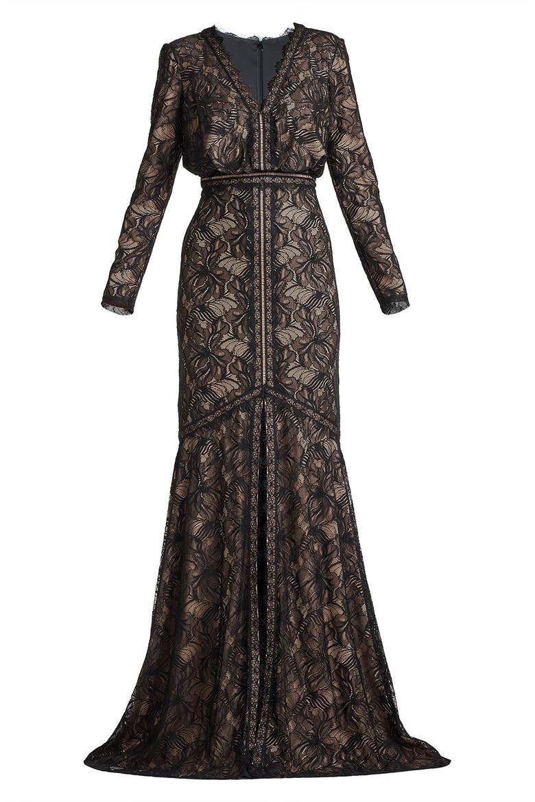 Long Sleeve Eyelash Lace Mermaid Gown, Alternate, color, BLACK/ BEIGE