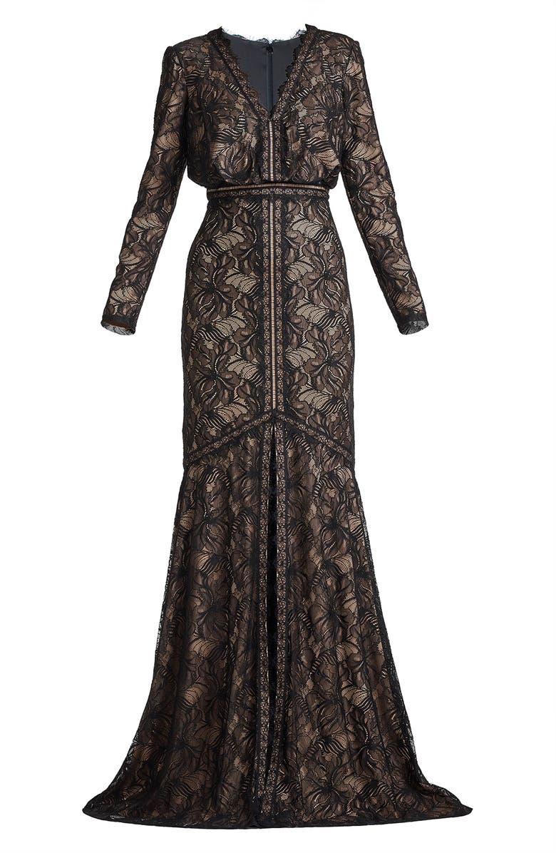 Tadashi Shoji Long Sleeve Eyelash Lace Mermaid Gown, Alternate, color, Black/ Beige
