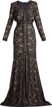 Tadashi Shoji Long Sleeve Eyelash Lace Mermaid Gown