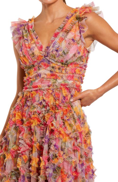 Mac Duggal Printed Floral Mesh Ruffle V Neck Ankle Dress In Multi