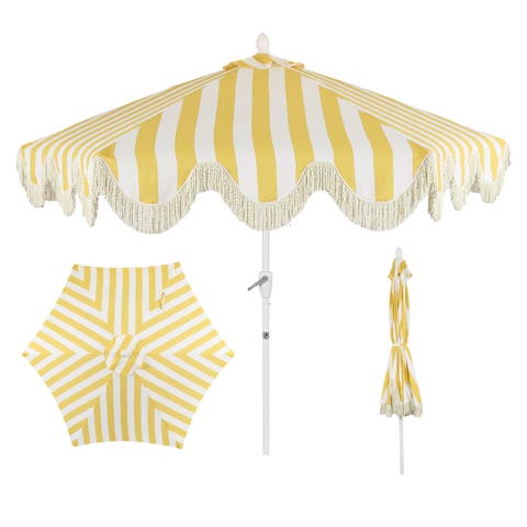 Collins 9 ft. Classic Cottage Fringe Tassel Market Patio Umbrella with Auto-Tilt Crank