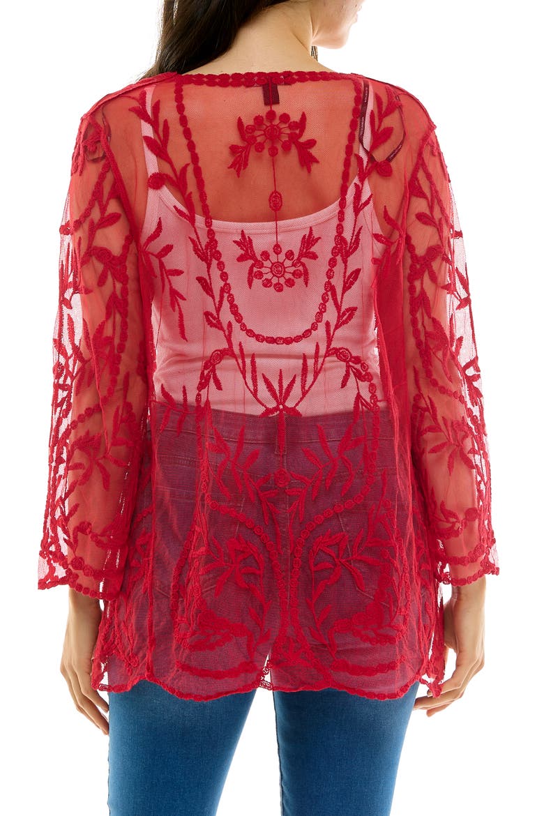 Embroidered Mesh Open Front Shirt, Alternate, color, NINA RED