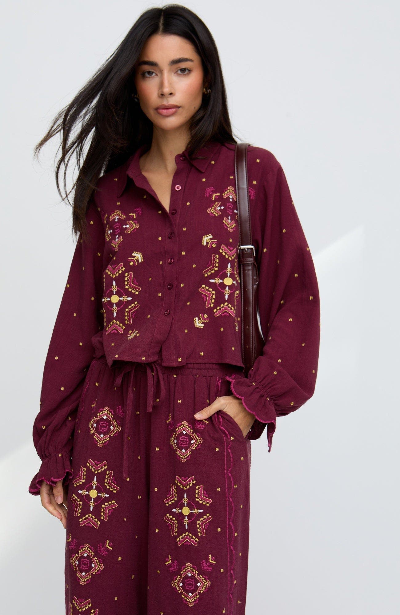 Raffya Anai Half Placket Embroidered Blouse In Burgundy