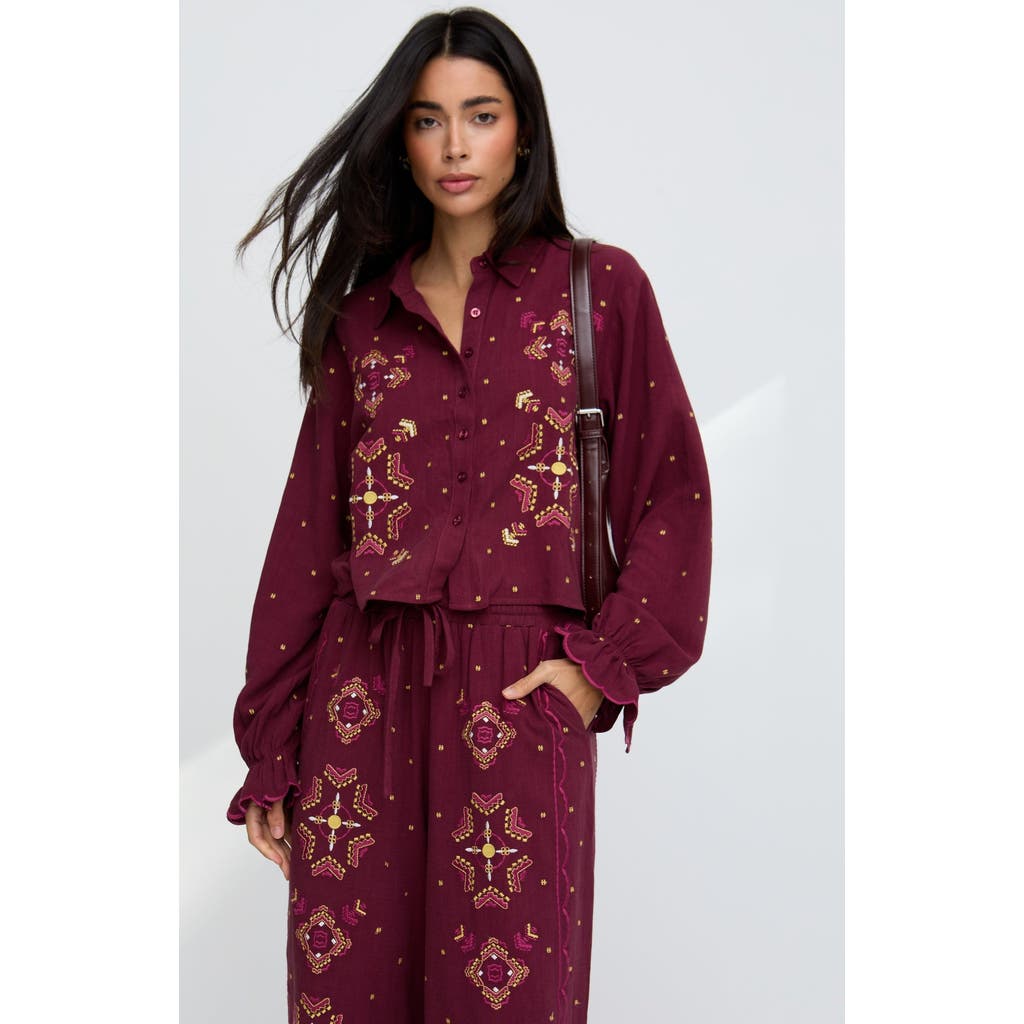Raffya Anai Half Placket Embroidered Blouse In Burgundy