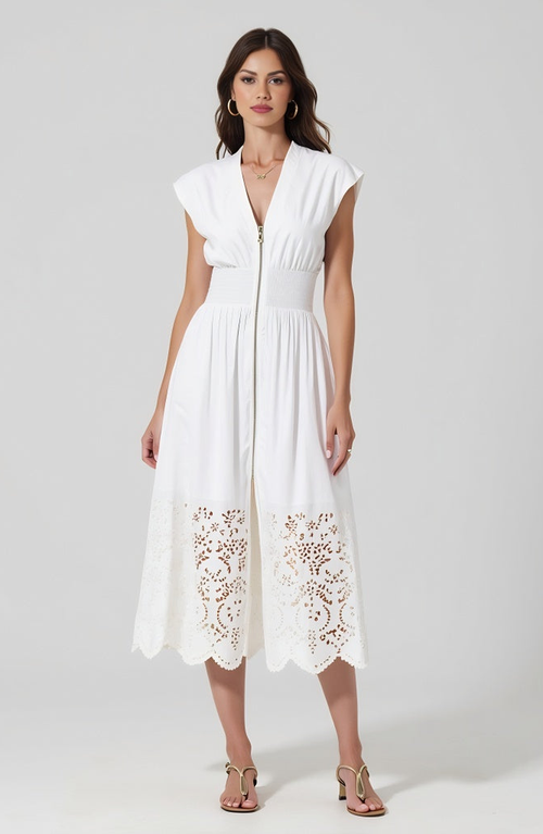 Modenaire Cap Sleeve Midi Dress With Smocked Waist Front Zip And Eyelet Hem In White