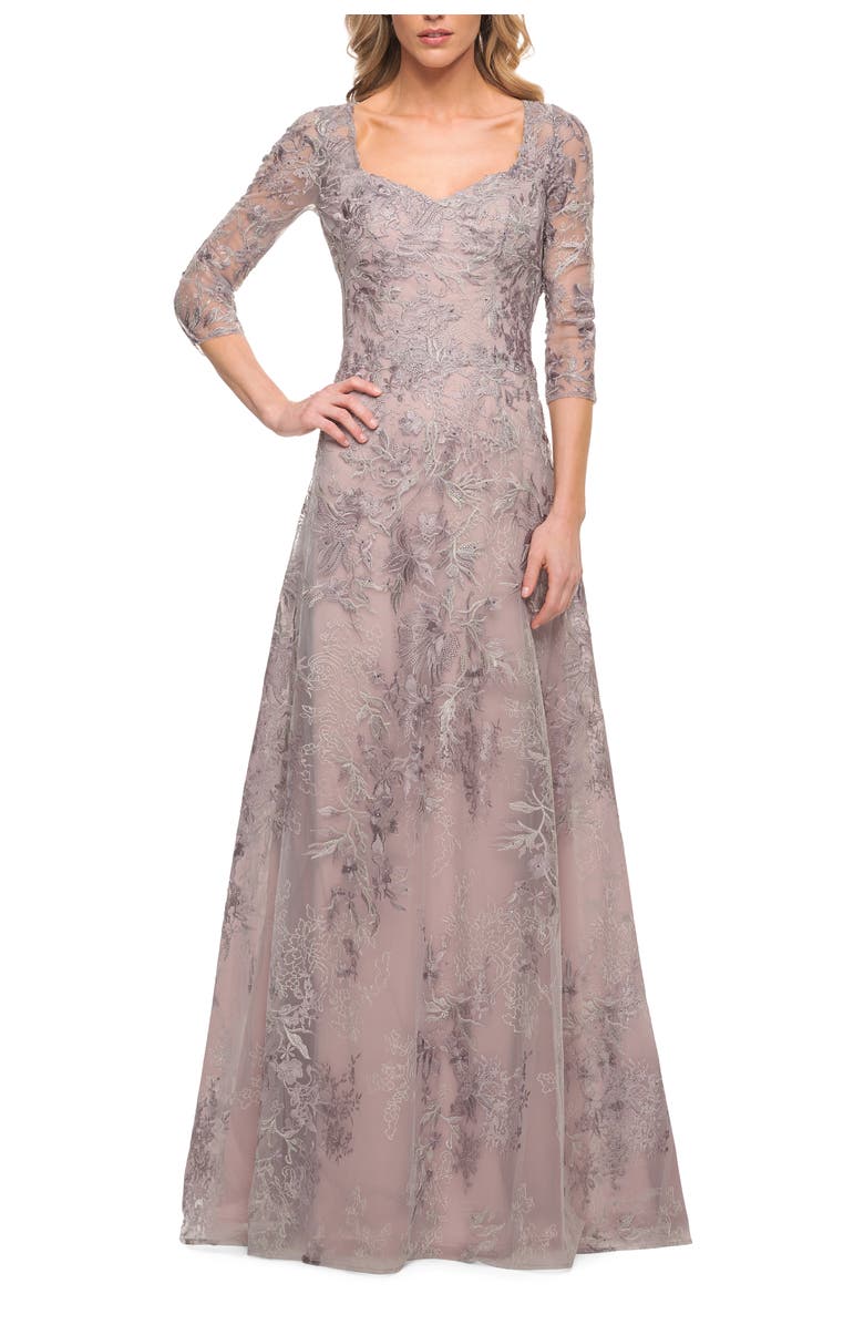 La Femme Lace Mother of the Bride Dress with Full Skirt, Main, color, Silver/Pink