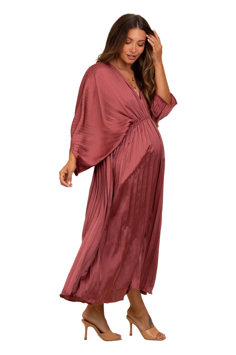 Satin Pleated V-Neck Maxi Dress, Alternate, color, Mauve