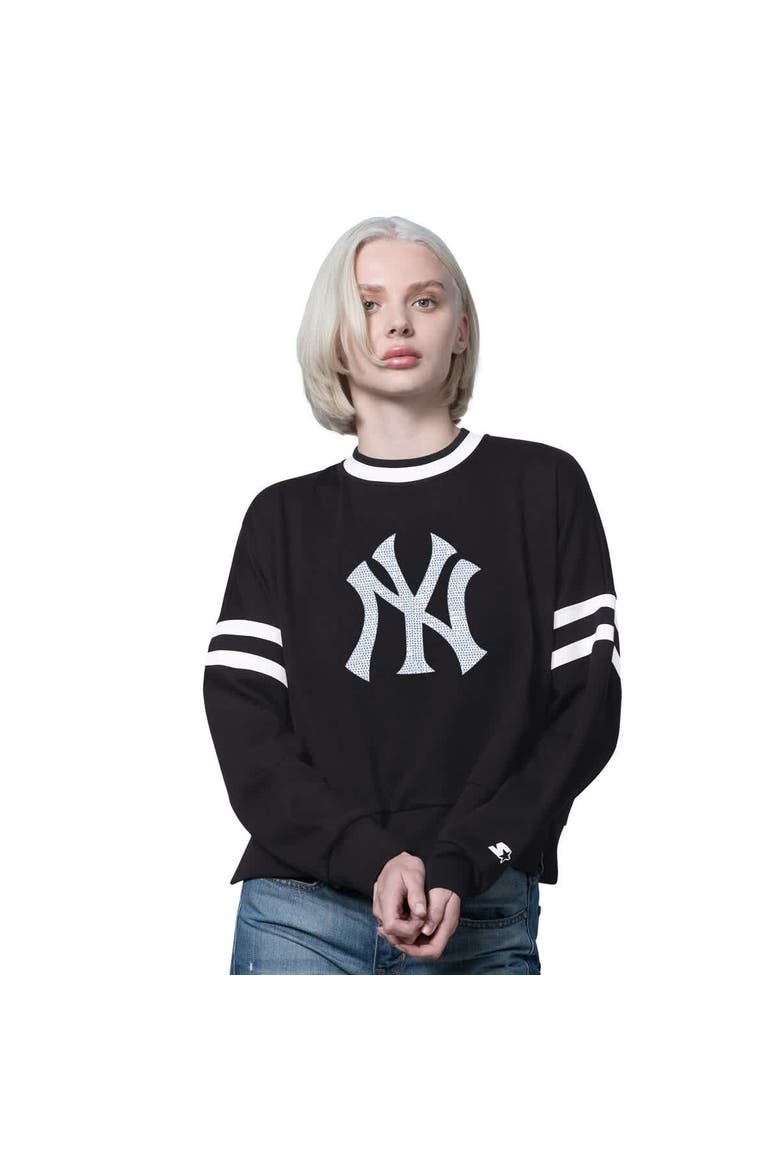 Women's Starter Black New York Yankees Rally Cropped Drop Shoulder Crewneck Sweatshirt, Main, color, Black