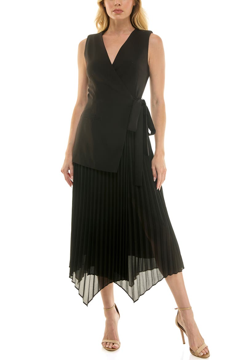 Mixed Media Pleated Dress, Main, color, BLACK