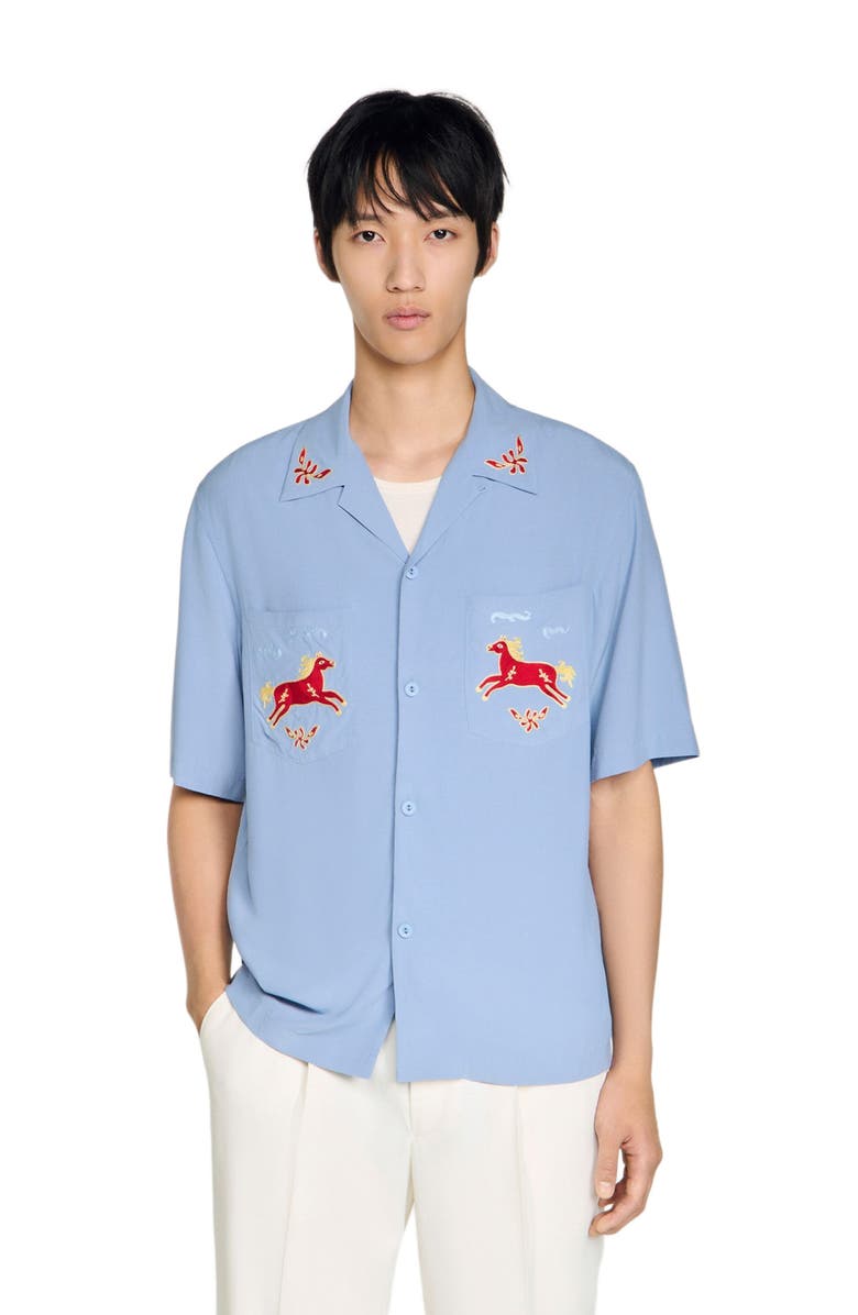 SANDRO Embroidered horse loose-fit shirt, Alternate, color, Blue
