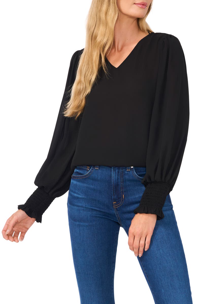 CeCe Smocked Cuff V-Neck Top, Main, color,