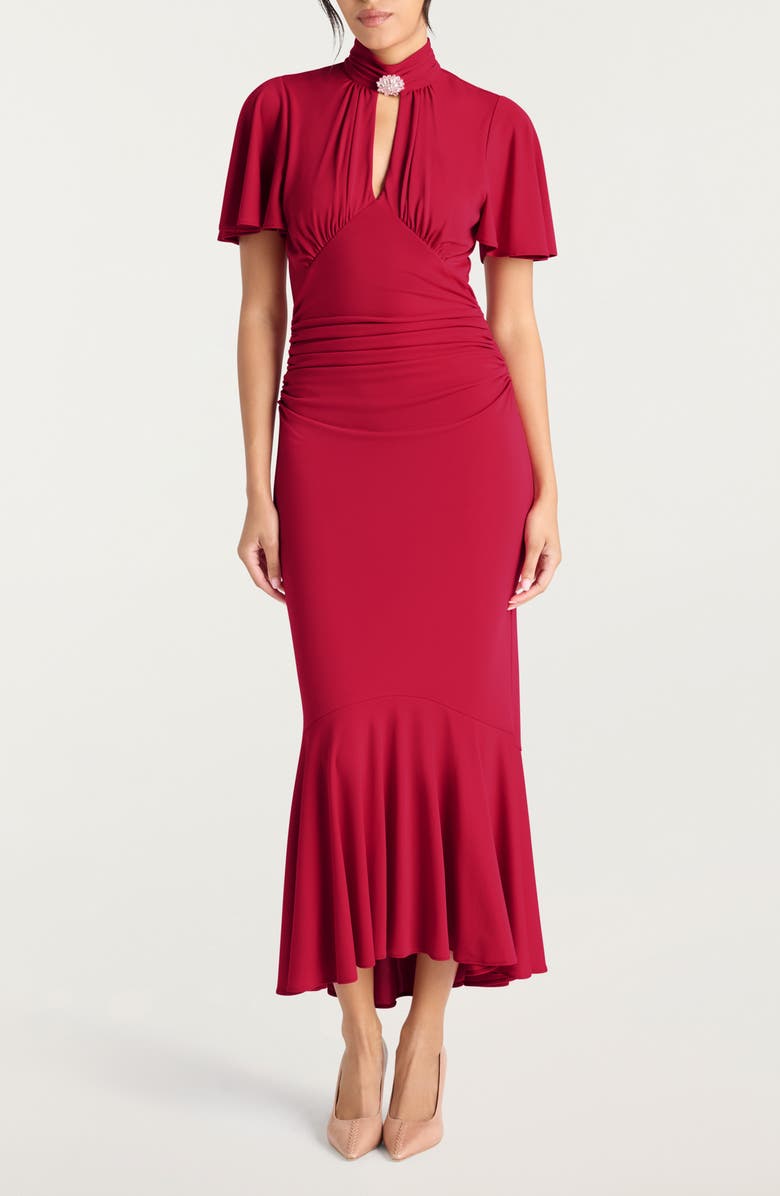 Cinq à Sept Rosita Rhinestone Brooch Detail Ruched Dress, Main, color, Burgundy Plum