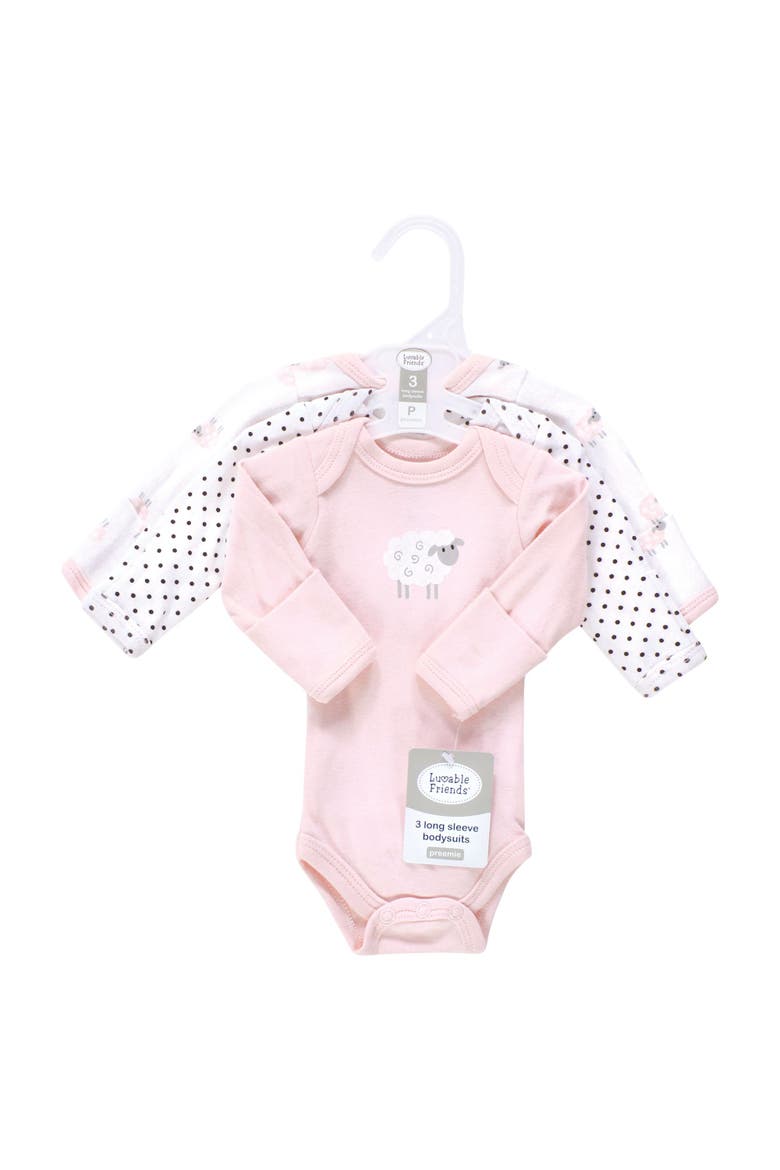Preemie Long Sleeve Bodysuits 3pk Foxy, Alternate, color, Pink Sheep