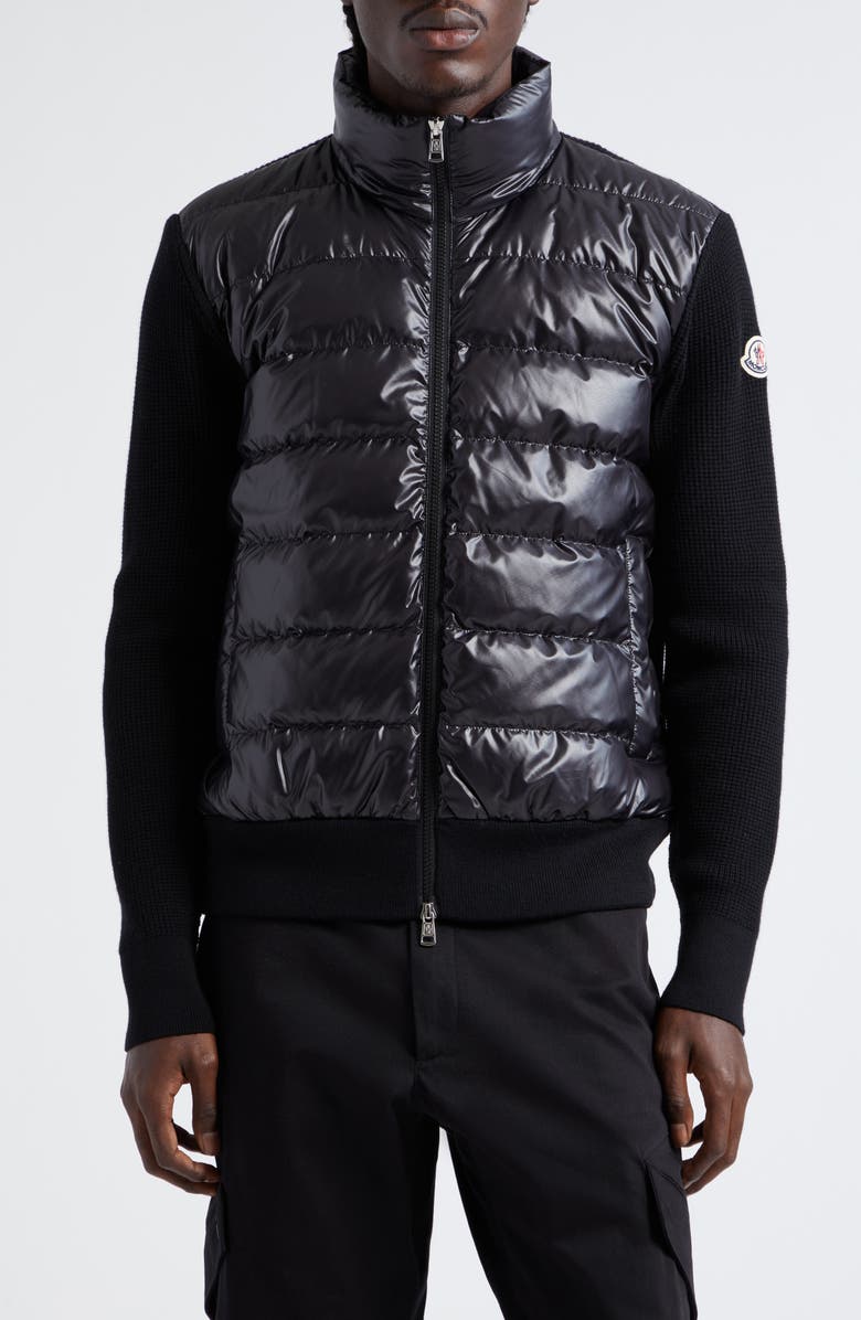 Moncler Quilted Mixed Media Down & Wool Cardigan, Main, color, 