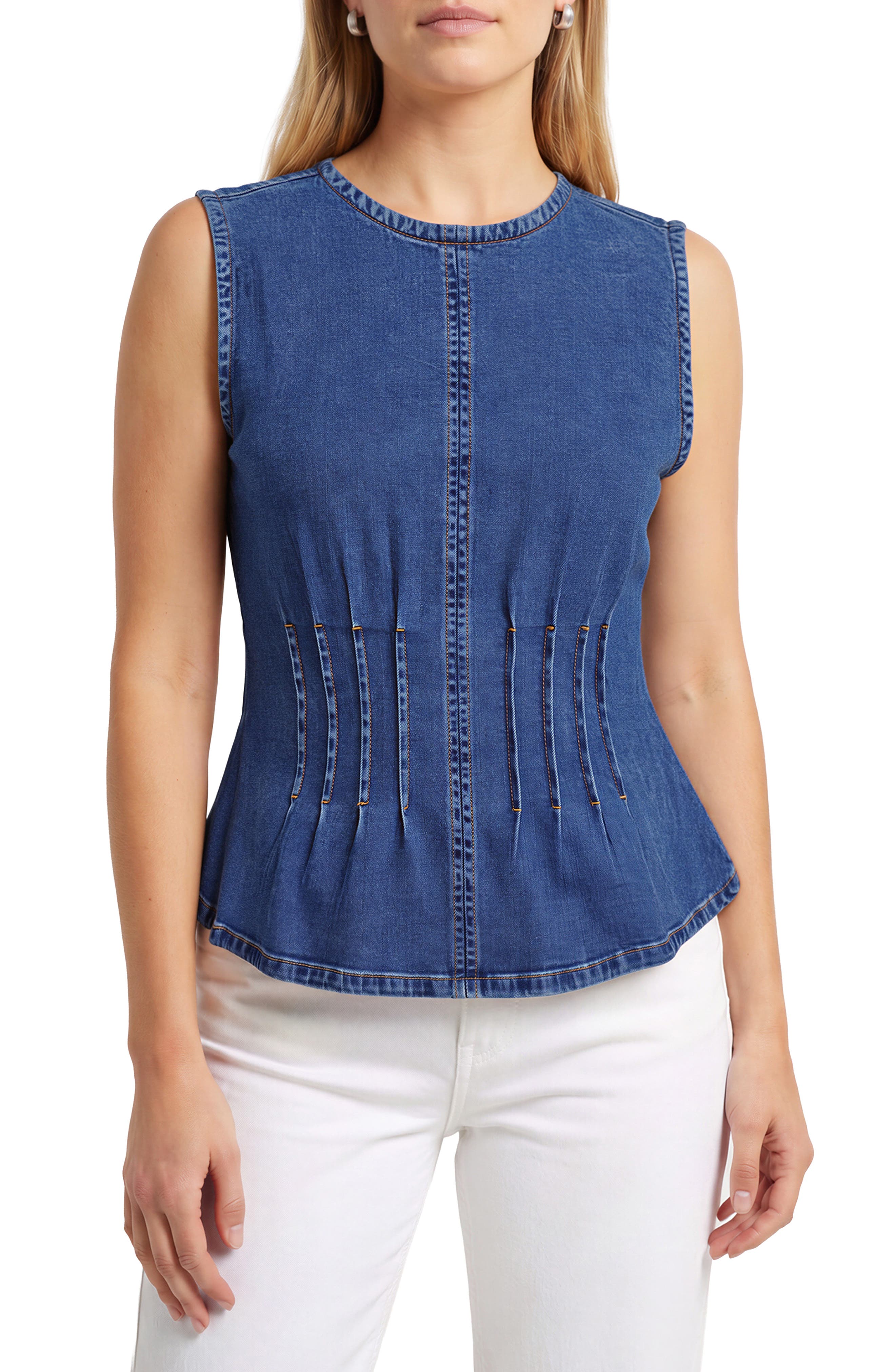 Pintucked Stretch Denim Peplum Top