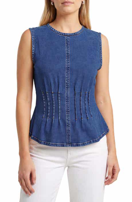 Pintucked Stretch Denim Peplum Top
