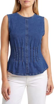 Bagatelle Pintucked Stretch Denim Peplum Top