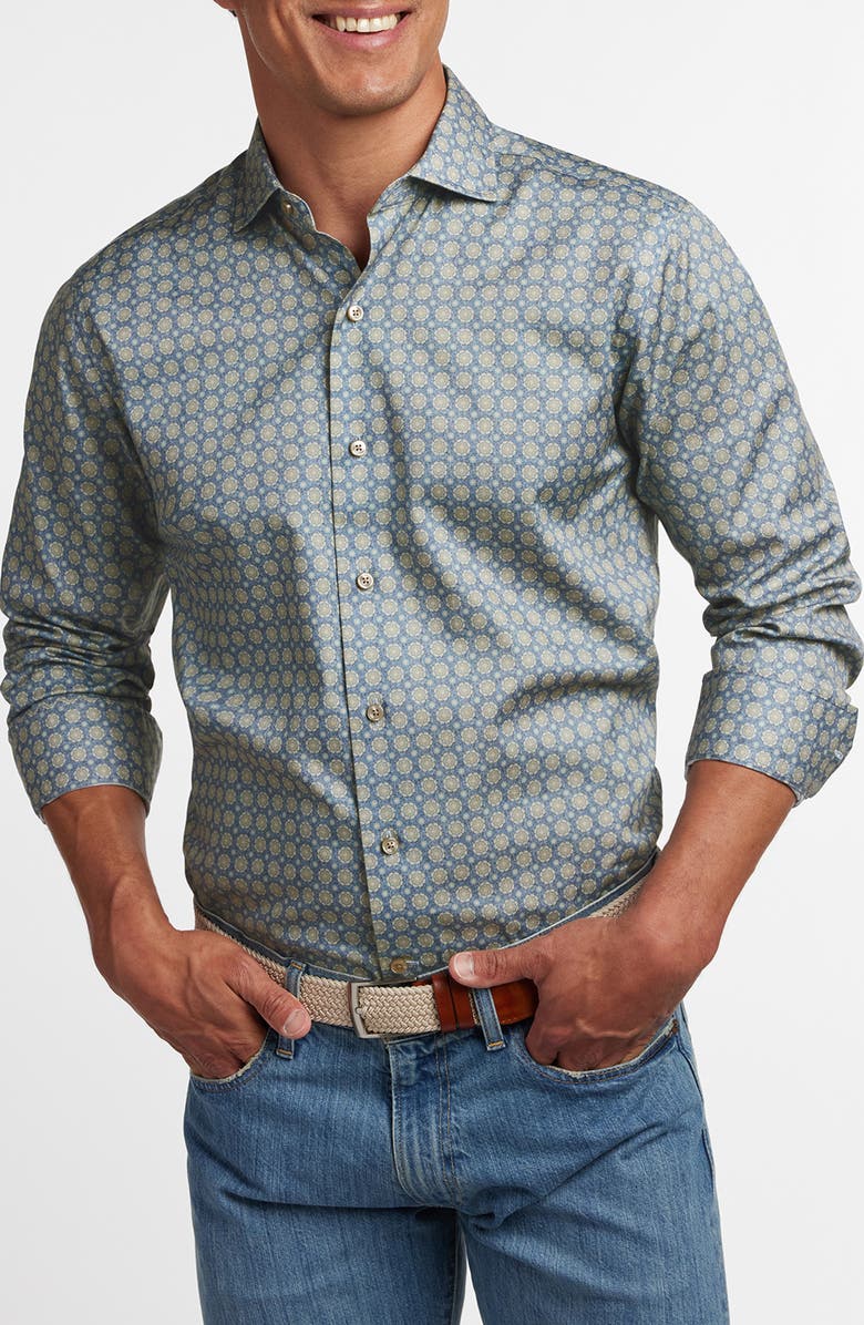 David Donahue Medallion Print Cotton Button-Up Shirt, Alternate, color, Blue/ Dune