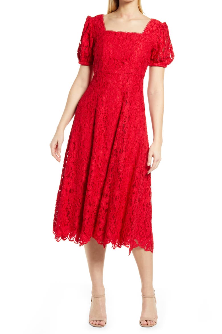 Lace Fit & Flare Dress, Main, color, RED