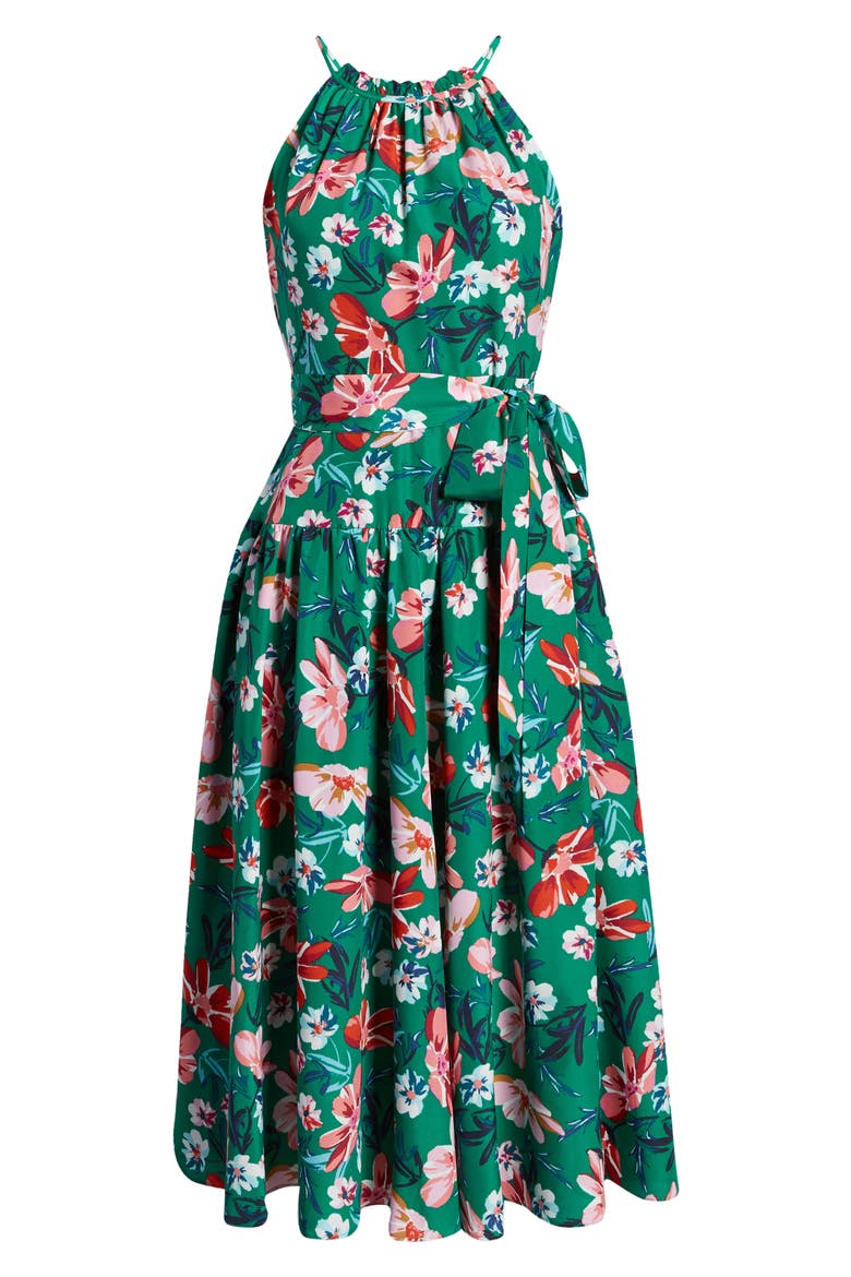 Floral Print Halter Neck Belted Dress, Alternate, color, GREEN