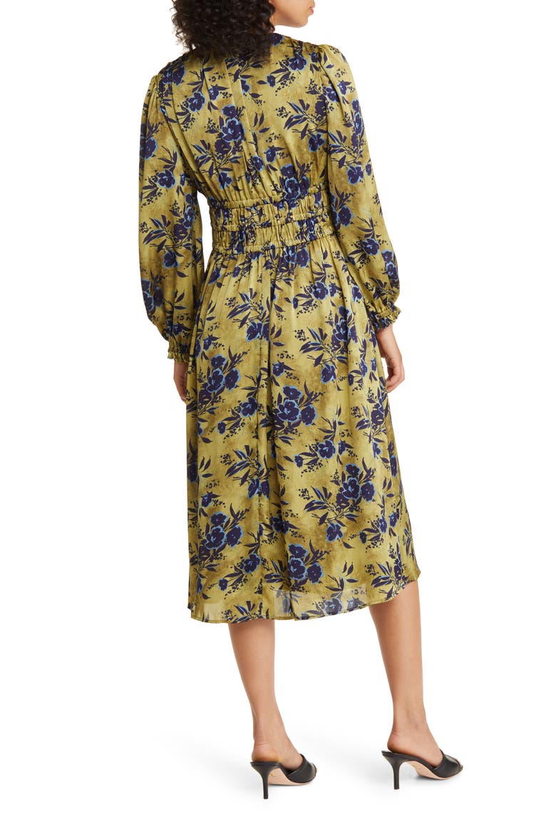 Floral Print Long Sleeve Shirred Midi Dress, Alternate, color, YELLOW MULTI