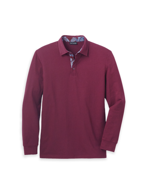 Long Sleeve Cotton Jersey 3-Button Polo With Patterned Trim