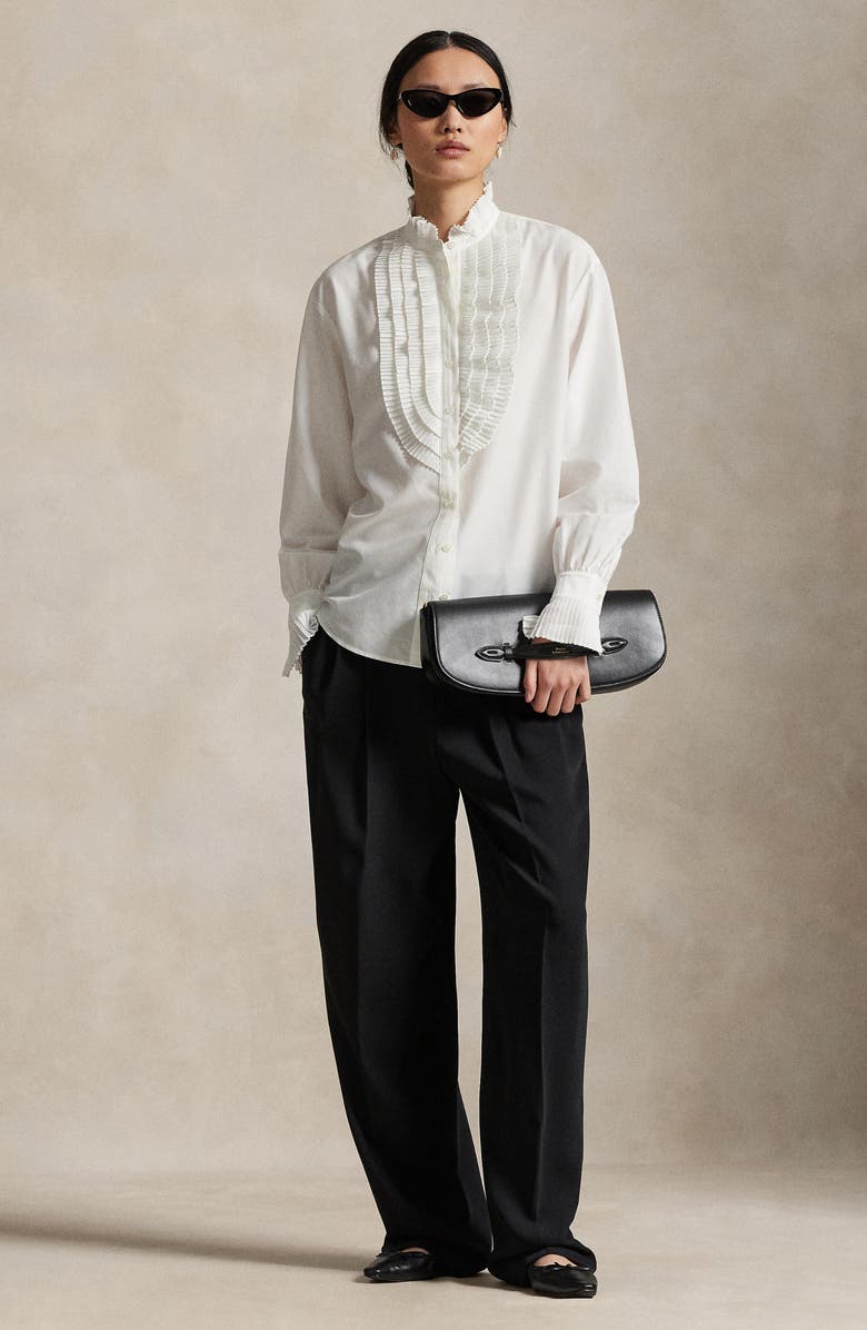 Polo Ralph Lauren Pleate Bib Cotton & Silk Button-Up Shirt, Alternate, color, White