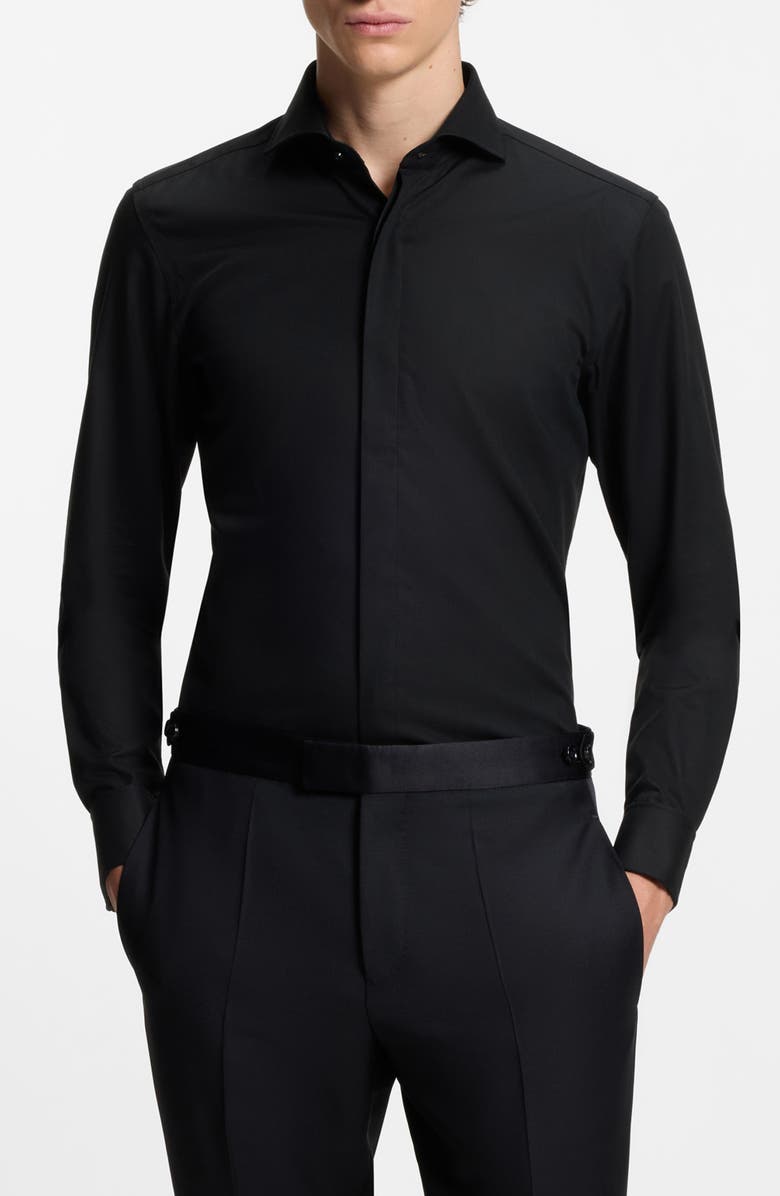 BOSS Hank Slim Fit Wrinkle Resistant Black Cotton Tuxedo Shirt, Main, color, Black