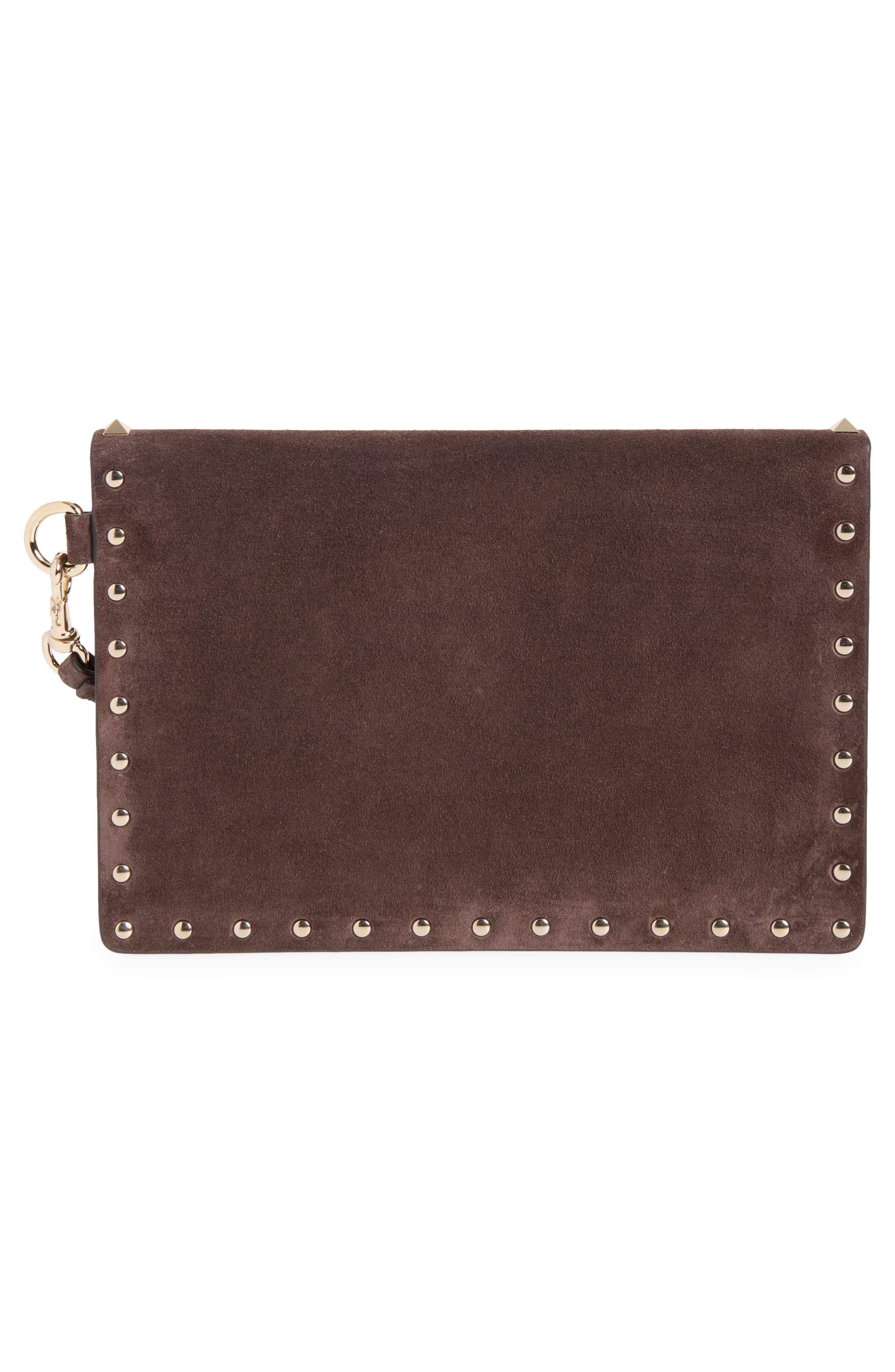 Medium Rockstud Flat Suede Wristlet Envelope Pouch, Alternate, color, BROWN
