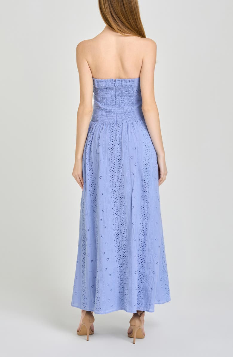 WAYF Pippa Gathered Eyelet Strapless Cotton Midi Dress, Alternate, color, Chambray