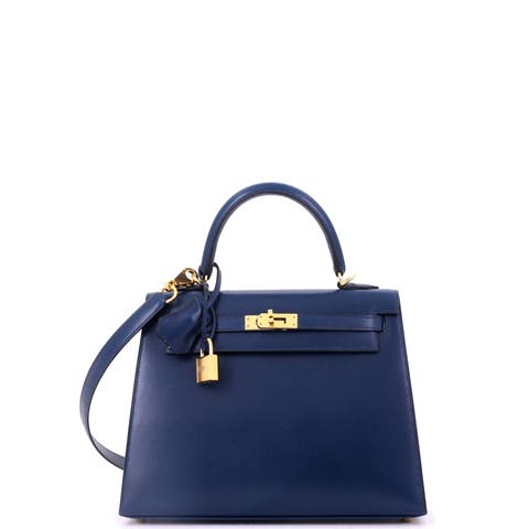 Kelly Handbag Blue Box Calf with Gold Hardware 25
