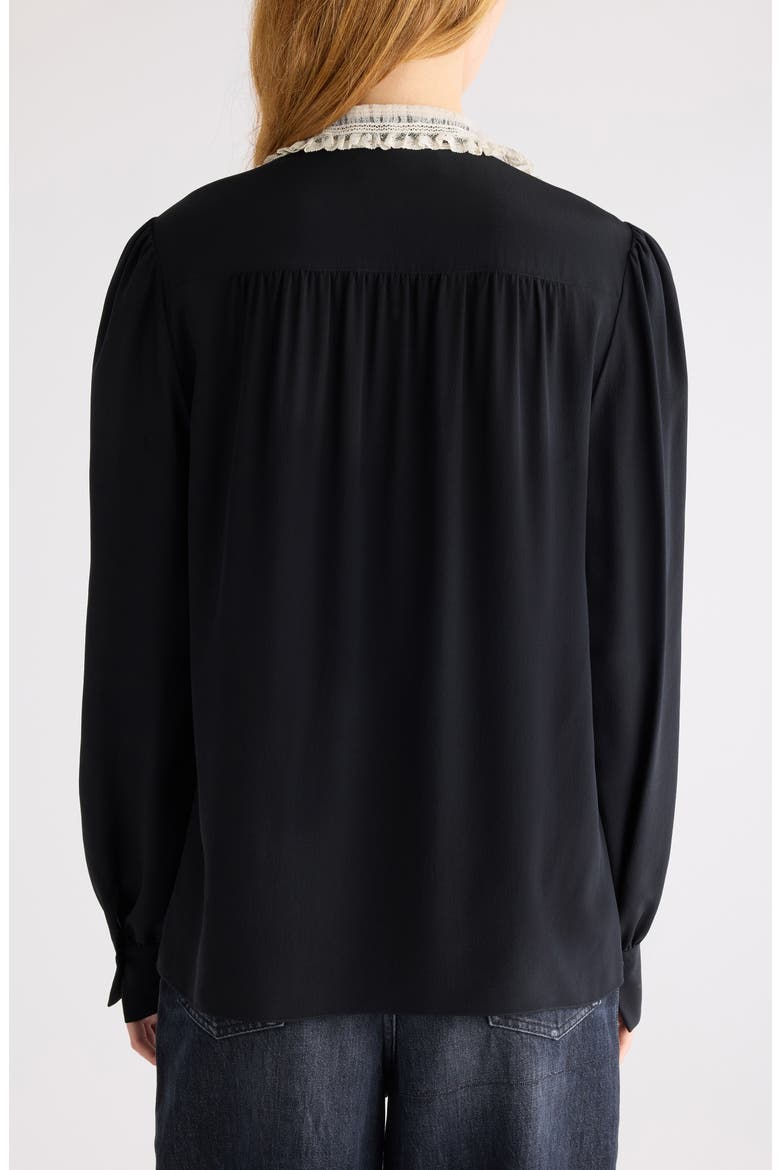 Silk Crêpe de Chine & Lace Ruffle Collar Button-Up Shirt, Alternate, color, BLACK