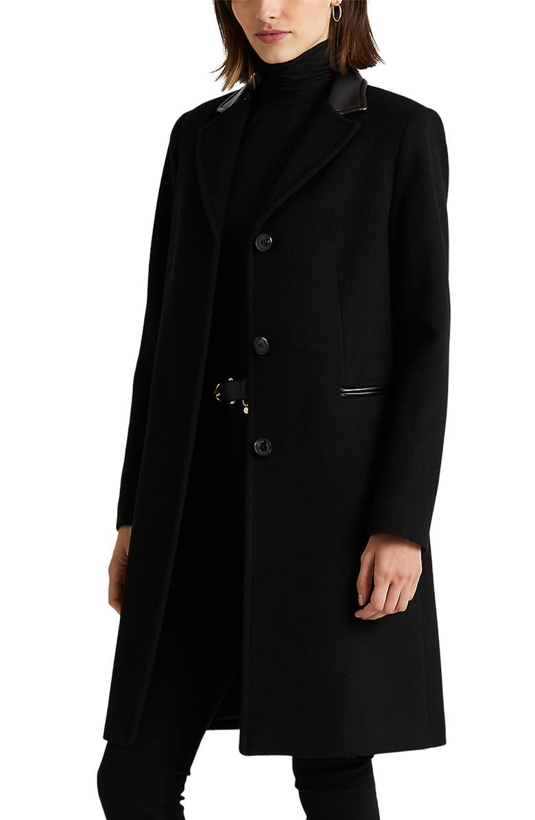 Lauren Ralph Lauren Faux Leather Trim Wool Blend Coat, Alternate, color,