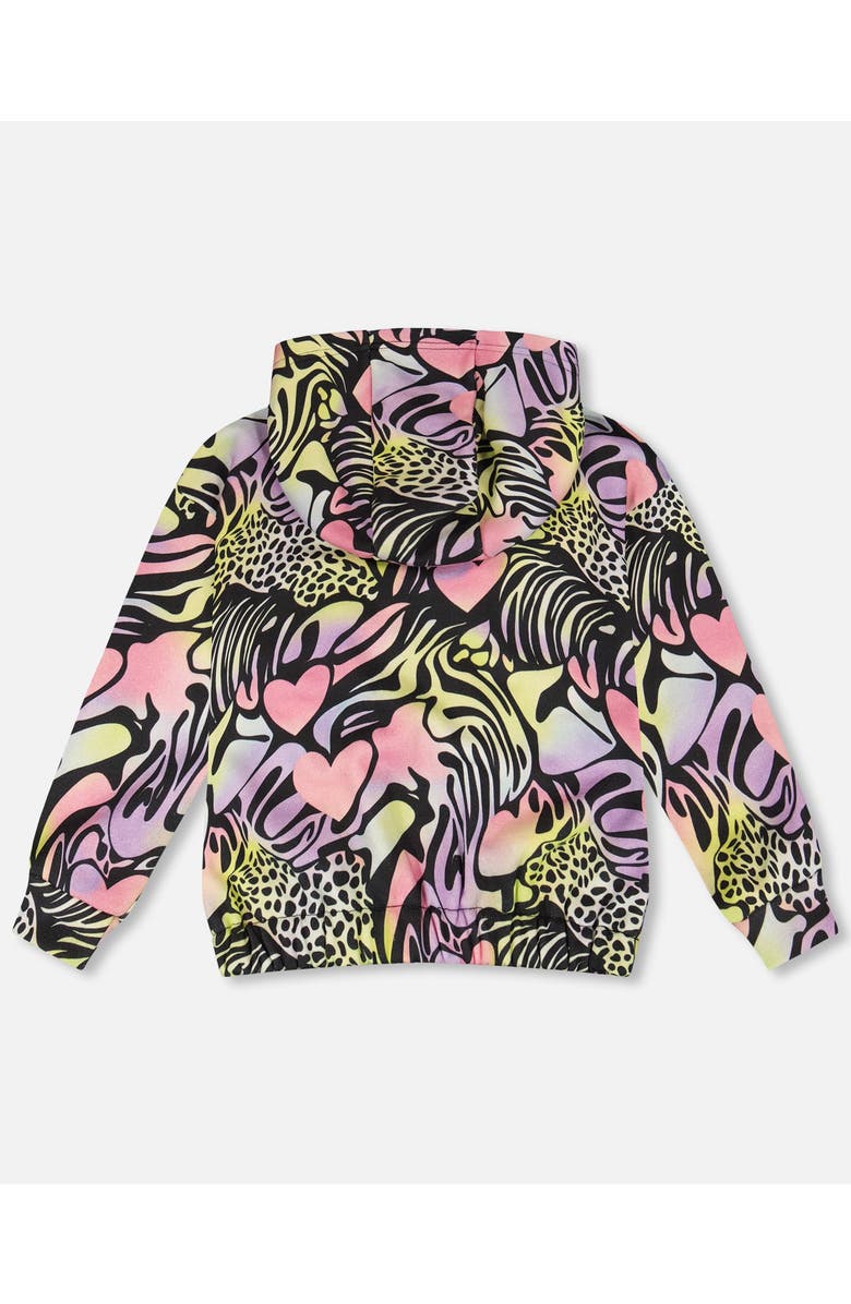 Deux par Deux Zip Front French Terry Long Sleeve Hoodie, Alternate, color, Black With Multicolored Print