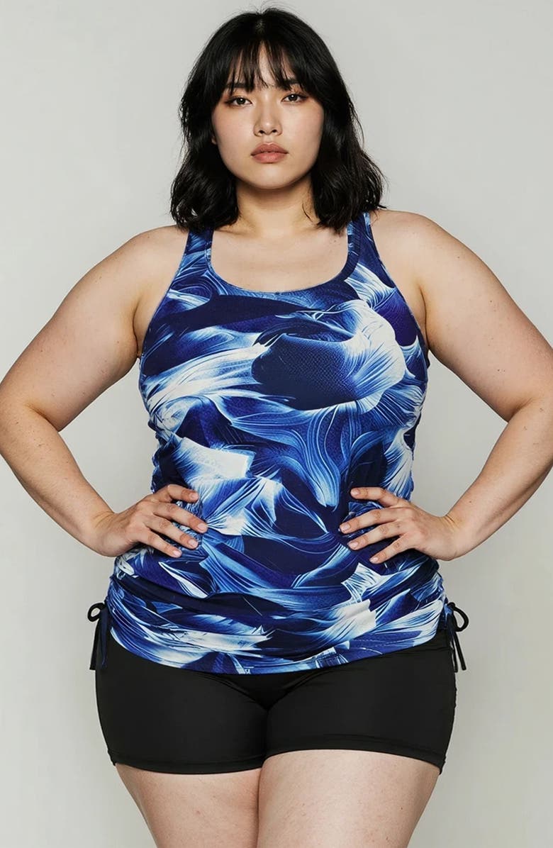 Calypsa Plus Size Maya Tankini Swim Top With Built-In Bra and Black Swim Shorts Set, Main, color, Navy Wave