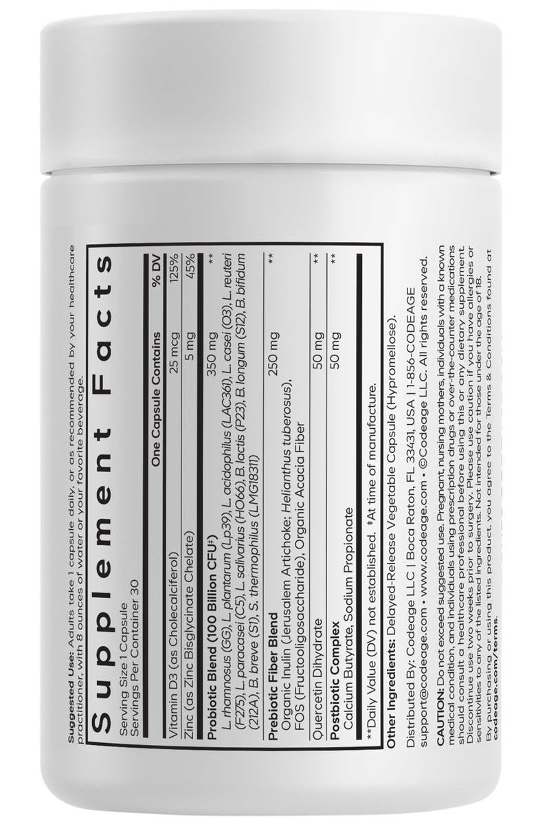 Codeage Probiotic+ 100B CFU, 12 Strains, Pre/Postbiotics, D3 Supplement, Alternate, color, White
