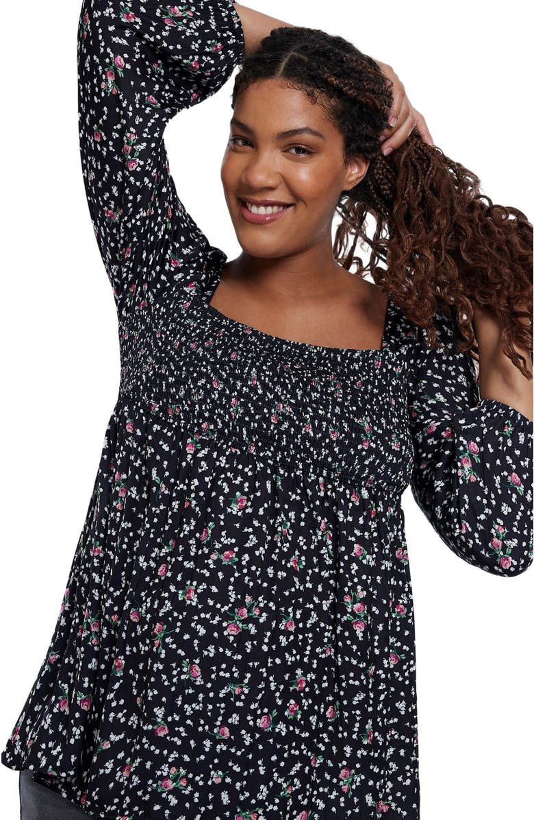 MOTHERHOOD MATERNITY Smocked Square Neck Long Sleeve Babydoll Maternity Top, Alternate, color, Black Ditsy