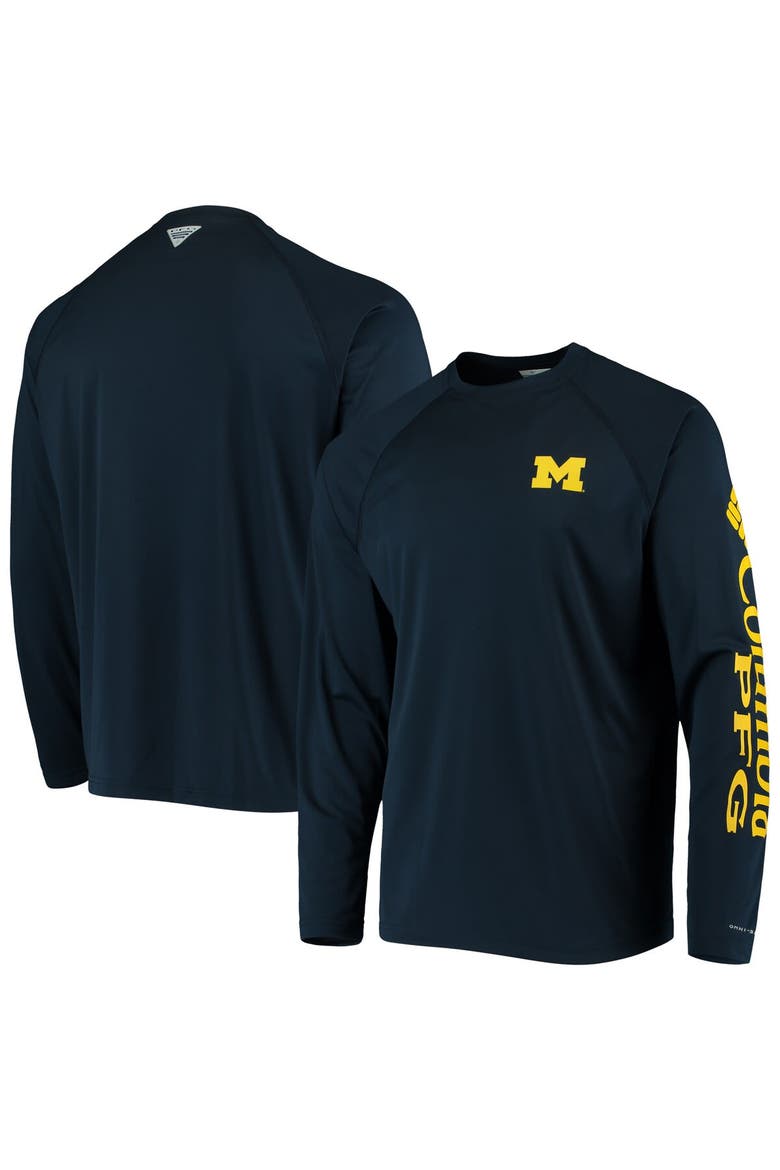 Men's Columbia Navy Michigan Wolverines Terminal Tackle Omni-Shade Raglan Long Sleeve T-Shirt, Main, color, Navy
