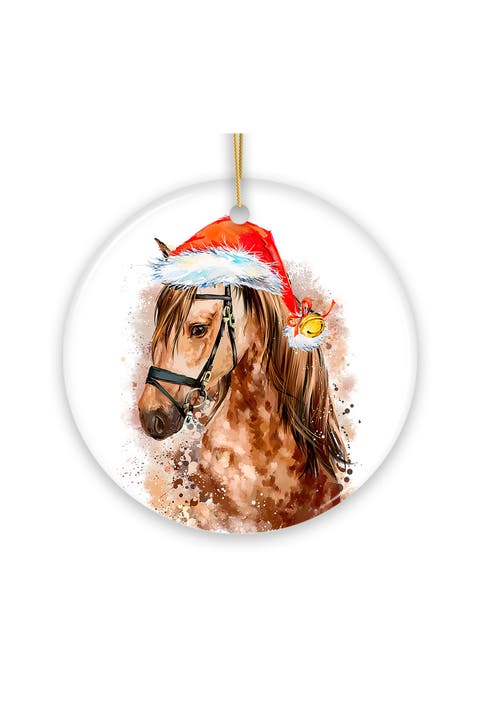 Watercolor Horse In Santa Hat Round Ceramic Ornament