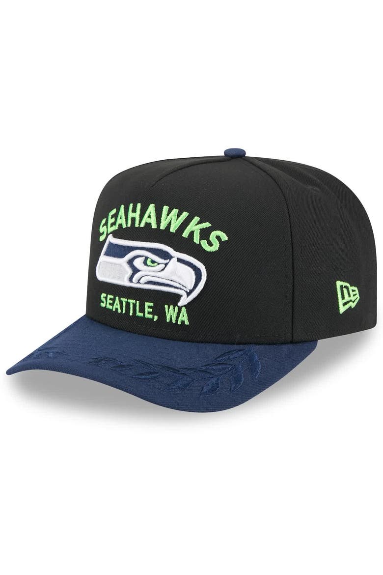 Men's New Era  Black/College Navy Seattle Seahawks 2025 NFL Draft A-Frame 9FIFTY Snapback Hat, Main, color, Black