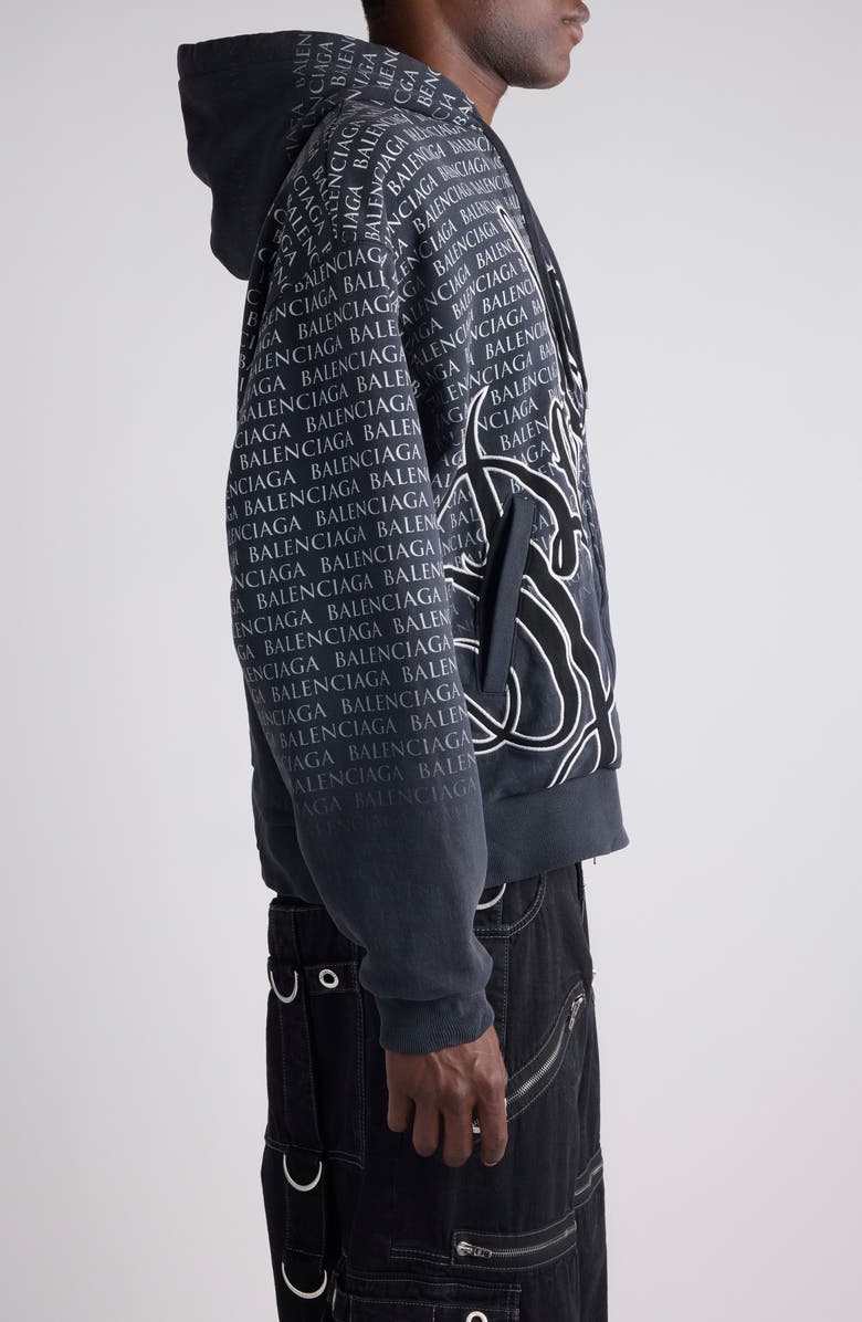 Balenciaga Big B Logo Embroidered Full Zip Dry Fleece Hoodie, Alternate, color, 6552 Washed Black 2/ White