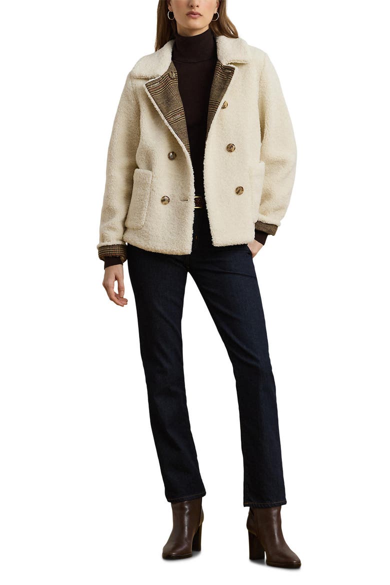 Double Breasted Teddy Faux Fur Coat, Alternate, color, CREAM