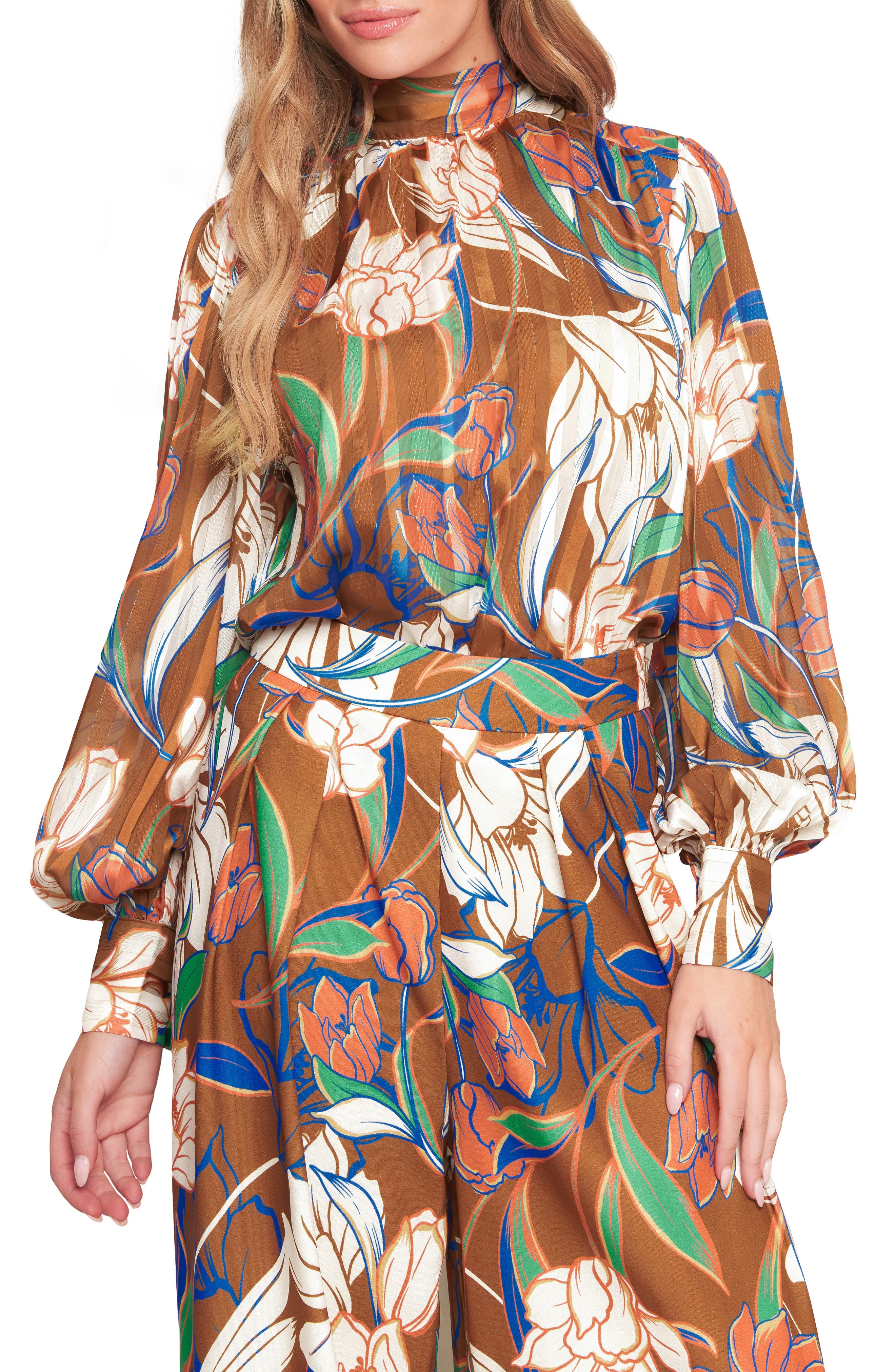 FLYING TOMATO Floral Mock Neck Long Sleeve Top