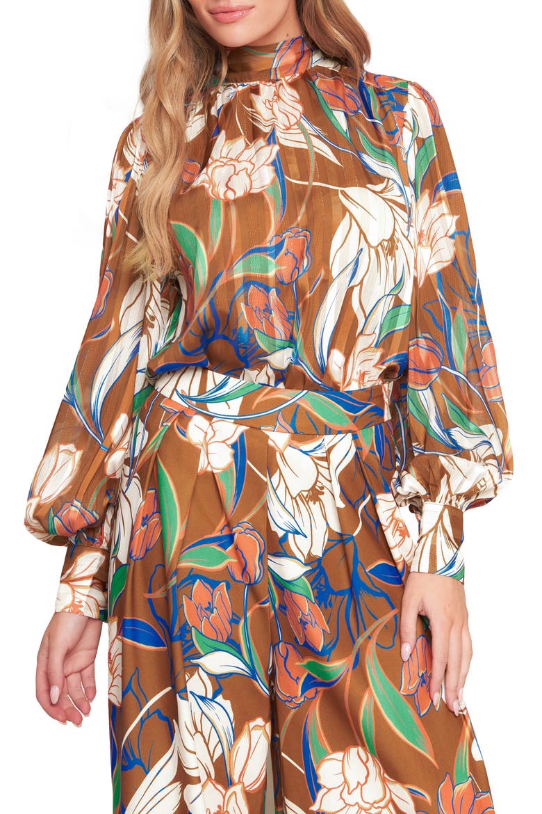 Floral Mock Neck Long Sleeve Top, Main, color, BROWN