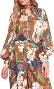 FLYING TOMATO Floral Mock Neck Long Sleeve Top