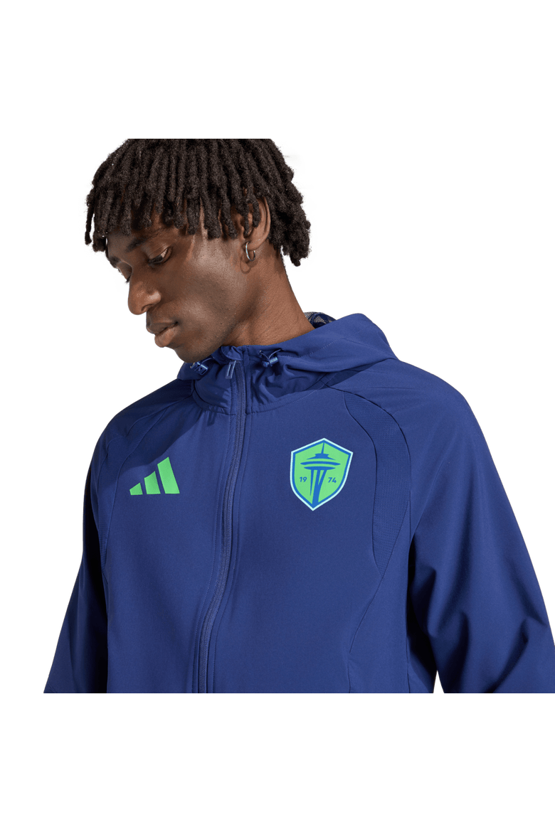 Men's adidas  Navy Seattle Sounders FC Tiro Travel Full-Zip Hooded Windbreaker, Alternate, color, Navy