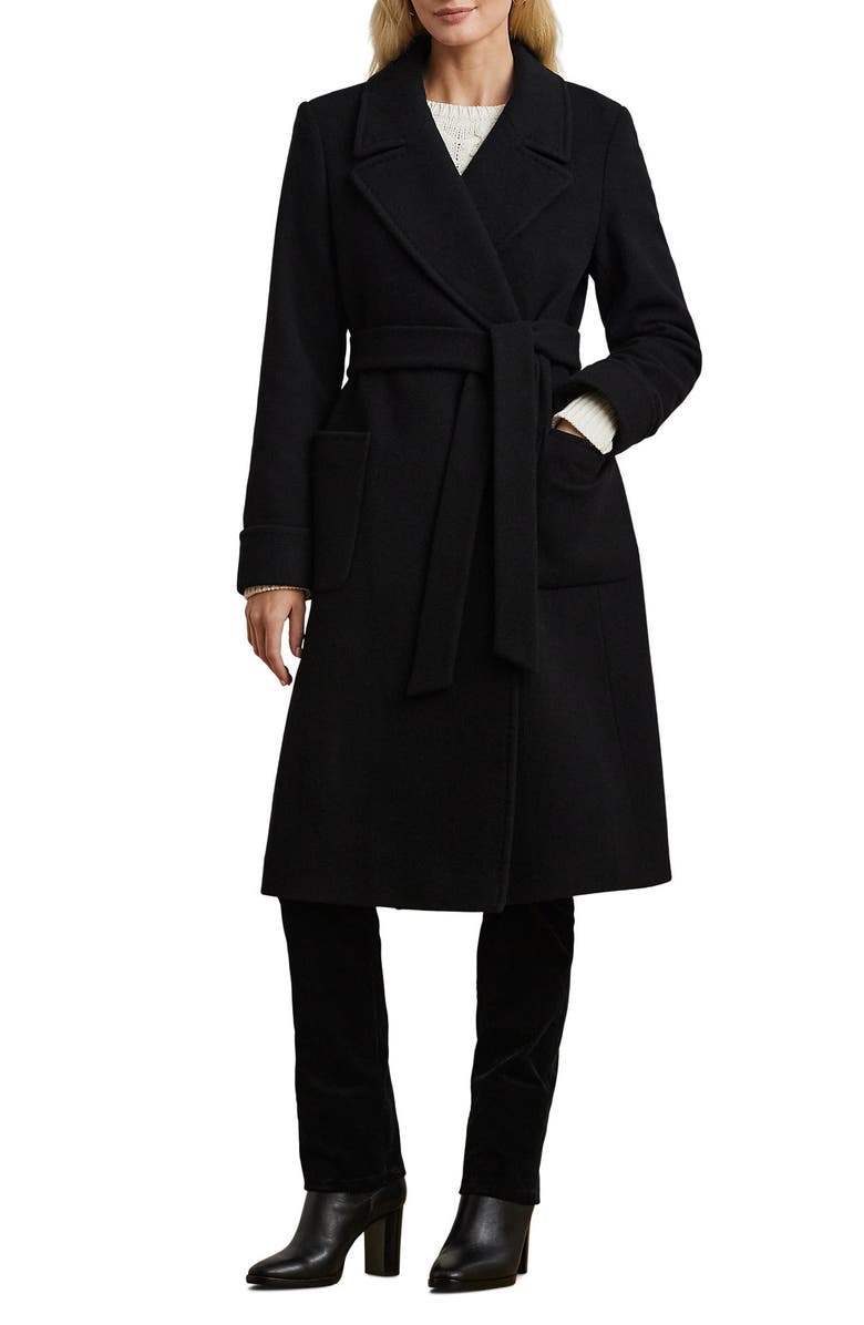 Lauren Ralph Lauren Belted Wool & Cashmere Blend Wrap Coat, Main, color, Black