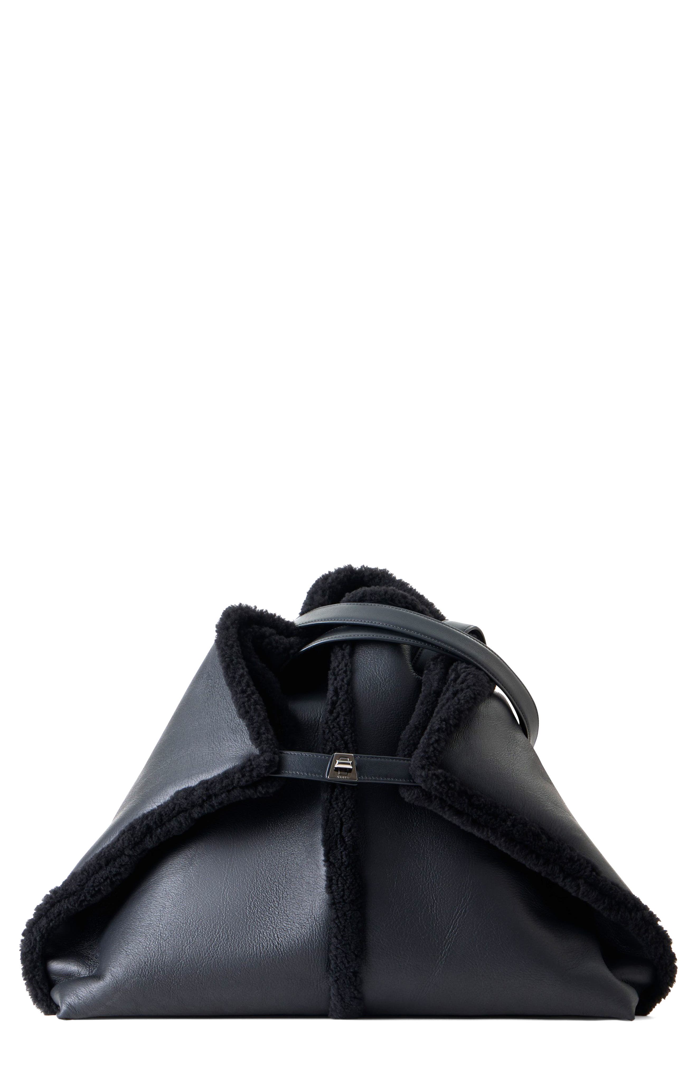 AI Leather & Genuine Shearling Convertible Tote, Main, color, BLACK